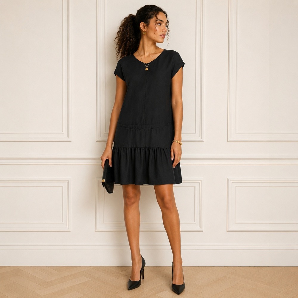Rag and Bone Silk Drop Waist Shift Dress Black Ruffle Hem Cocktail Small USA LBD